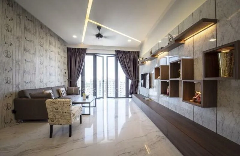 Living features: marble flooring, grey feature wall with wallpaper, recessed LED downlights, 5-blade ceiling fan, floor-to-ceiling windows, dark wood TV console, open shelving unit, curtains in dark brown, sofa in grey fabric, accent chair with patterned upholstery; style: modern; view: city.