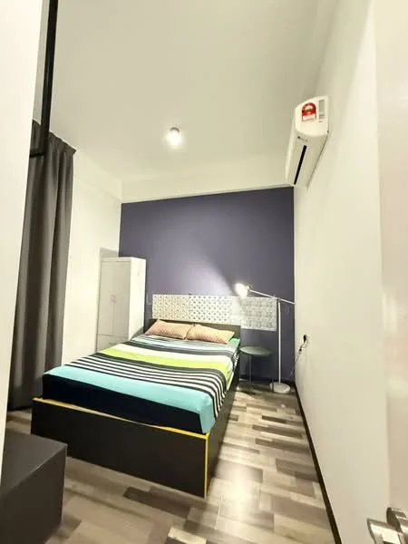 Bedroom features: queen-size bed with striped bedding, upholstered headboard, nightstand with lamp, built-in wardrobe, wall-mounted air conditioning unit, dark accent wall, light-colored walls, laminate flooring, curtains, recessed ceiling light; style: modern.