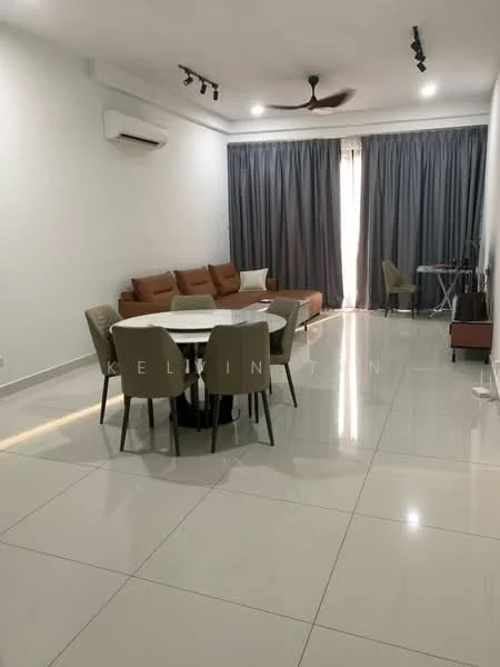 Living features: white painted walls, glossy ceramic tile flooring, 5-blade ceiling fan with light, recessed LED downlights, large sliding glass door, floor-to-ceiling curtains, brown fabric sectional sofa, round dining table with white top, upholstered dining chairs in beige, TV console, decorative items on console; style: modern.