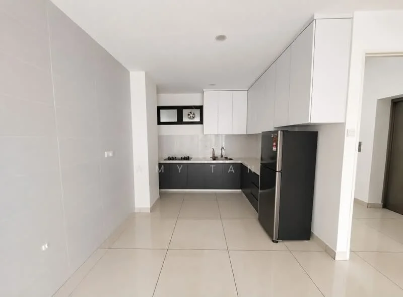 Kitchen features: white cabinetry, black refrigerator, built-in gas hob, grey backsplash, white countertop, ceramic tile flooring, recessed lighting, single-bowl stainless-steel sink, wall-mounted cabinets, open layout; style: modern. Room features: white painted walls, large windows, elevator access.