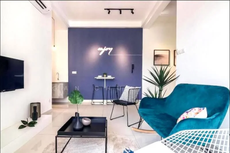 Living features: blue accent wall, white painted walls, white ceiling, recessed downlights, wall-mounted TV, black coffee table, green velvet sofa, black wire chair, decorative plant, area rug, decorative artwork, small indoor plant; style: modern.