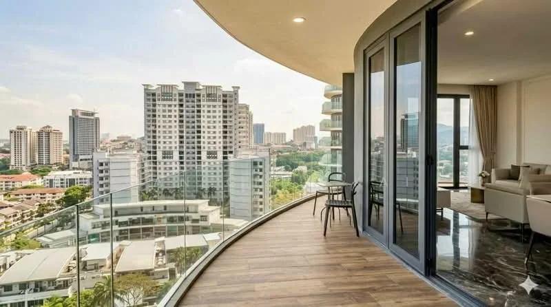 Room features: floor-to-ceiling windows, glass balcony railing, wooden flooring, city skyline view, outdoor seating area with chair, curved balcony design, modern architectural style; style: modern; view: city.