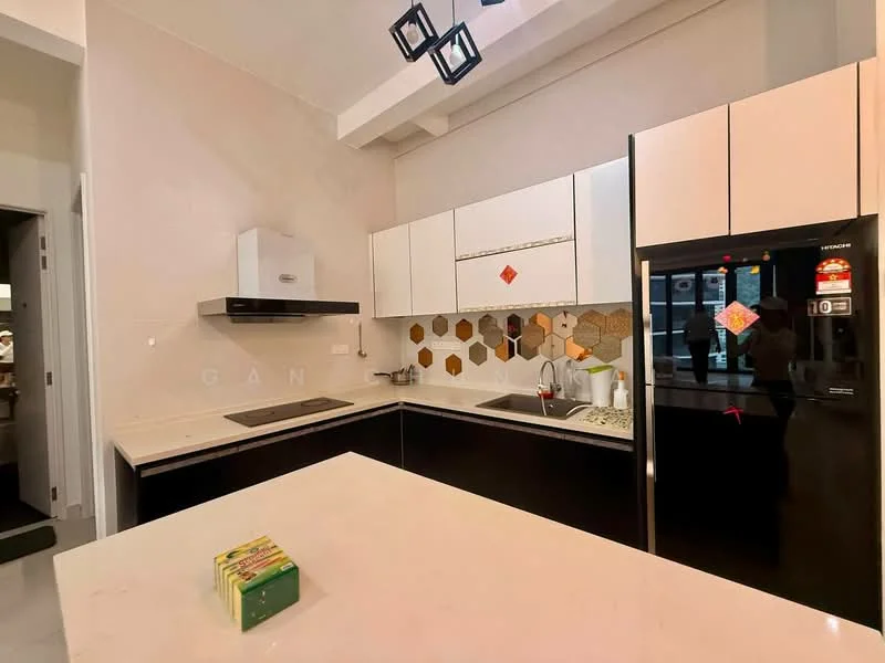 Kitchen features: white upper cabinets, black lower cabinets, hexagonal tile backsplash in shades of brown and cream, white countertop, stainless-steel sink, chrome pull-down faucet, built-in oven, stainless-steel refrigerator, kitchen island with seating, recessed downlights, exposed beams on ceiling; style: modern.