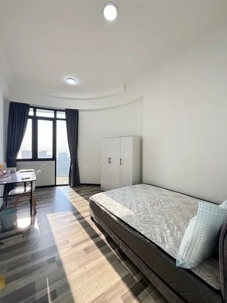 Bedroom features: queen-size bed, light grey upholstered bed frame, white painted walls, wooden flooring, floor-to-ceiling windows, dark blue curtains, built-in wardrobe with sliding doors, recessed ceiling lights; style: modern; view: city.