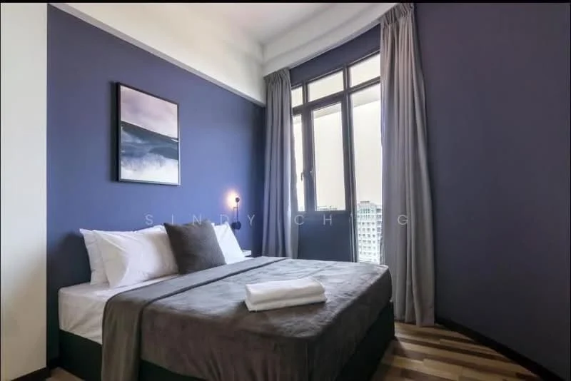 Bedroom features: king-size bed, upholstered headboard, white bedding, grey throw blanket, two white pillows, wooden flooring, blue painted walls, floor-to-ceiling windows, sheer curtains, wall-mounted reading light, framed artwork, decorative wall, nightstand, area rug; style: modern; view: city.