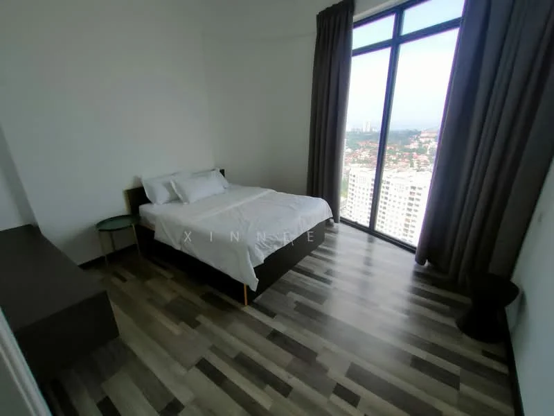 Bedroom features: king-size bed, white bedding, wooden bed frame, floor-to-ceiling windows, grey curtains, laminate flooring, nightstand, glass-top nightstand, decorative stool, city view; style: modern; view: city.