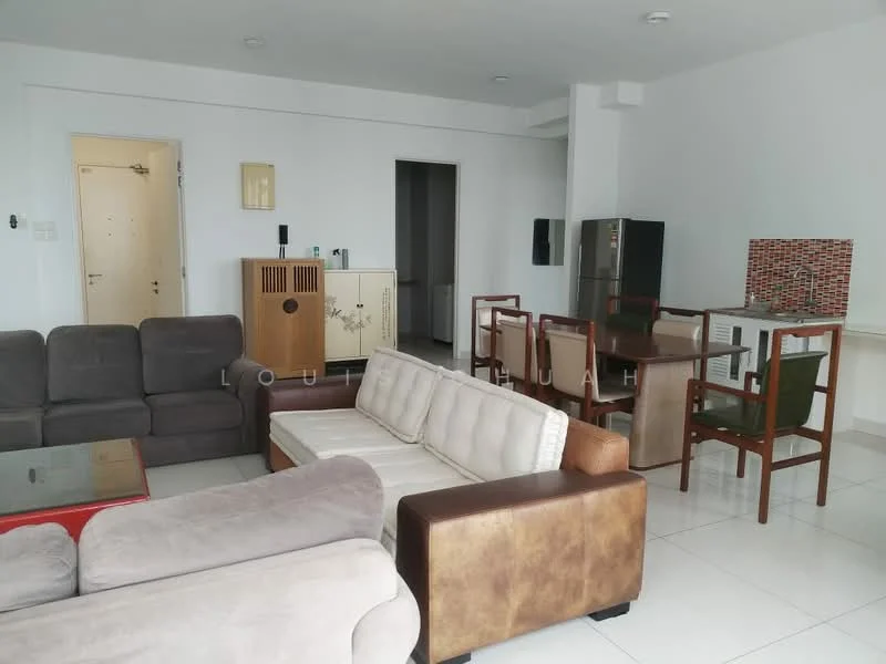 Living features: L-shape sectional sofa in beige, 3-seater fabric sofa in grey, glass coffee table, dining table with 4 chairs, refrigerator, wall-mounted TV, white painted walls, tile flooring, ceiling lights, open layout, decorative wall panel, window with natural light; style: modern.