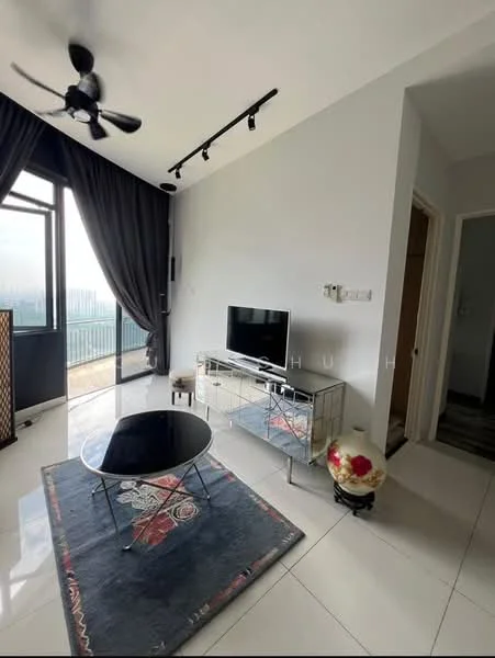 Living features: 5-blade ceiling fan with light, floor-to-ceiling windows, black coffee table, area rug with floral pattern, wall-mounted TV, TV console, grey painted walls, track lighting, curtains, white tiled flooring; style: modern; view: city.