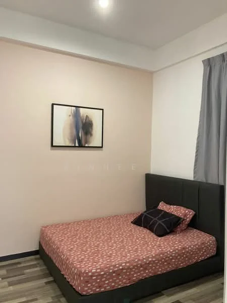 Bedroom features: queen-size bed with upholstered headboard, polka dot bedspread, decorative pillow, framed artwork on wall, light-colored painted walls, grey curtains, laminate flooring, recessed ceiling lights; style: modern.