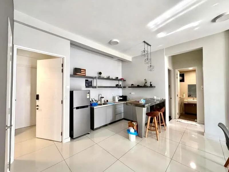 Kitchen features: grey cabinetry, stainless-steel fridge, built-in oven, freestanding range oven, single-bowl stainless-steel sink, chrome pull-down faucet, black countertop, open shelving, pendant lighting, tile flooring, white walls, bar stools; style: modern. Bathroom features: tile flooring, white walls, vanity with sink, mirror, shower, toilet.