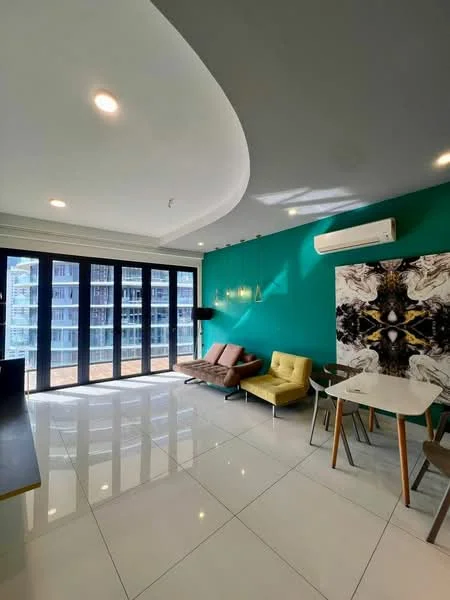 Living features: green accent wall, white painted walls, white ceiling with curved edge, large floor-to-ceiling windows, grey fabric sofa, yellow upholstered chair, white dining table, four white dining chairs, air conditioning unit, polished tile flooring, decorative wall art; style: modern; view: city.