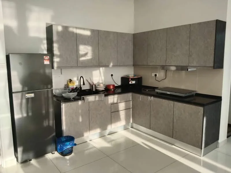 Kitchen features: grey cabinetry, black countertop, stainless-steel fridge, built-in stove, sink with faucet, wall-mounted kitchen hood, ceramic tile flooring, under-cabinet lighting, open shelving, kitchen utensils on countertop, trash bin, cooking pot on stove; style: modern.