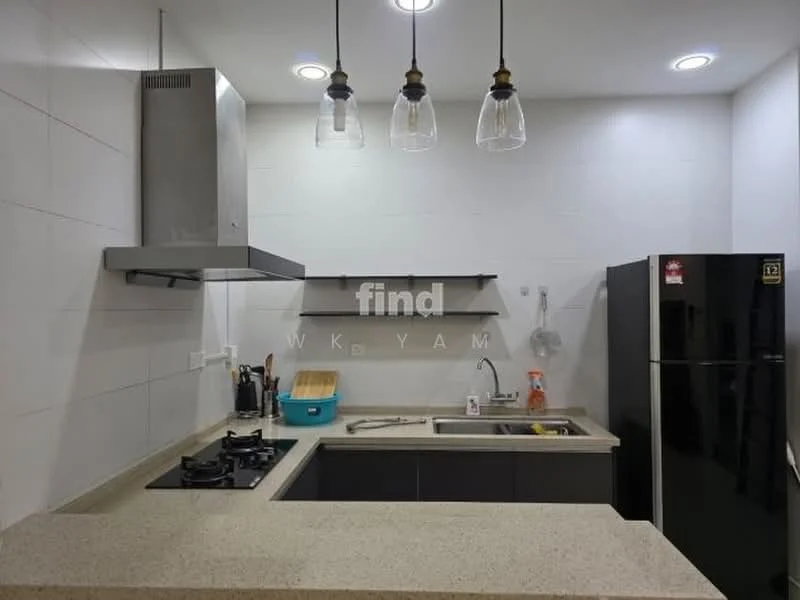 Kitchen features: grey granite countertop, stainless-steel sink, chrome pull-down faucet, 4-burner gas hob, stainless-steel range hood, black refrigerator, white tiled walls, recessed LED downlights, hanging pendant lights; style: modern.