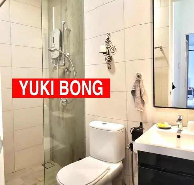 Bathroom features: walk-in shower with glass enclosure, chrome handheld shower, white toilet, single-sink vanity with black cabinet, framed mirror, wall-mounted towel rack, tile flooring, light-colored wall tiles; style: modern.