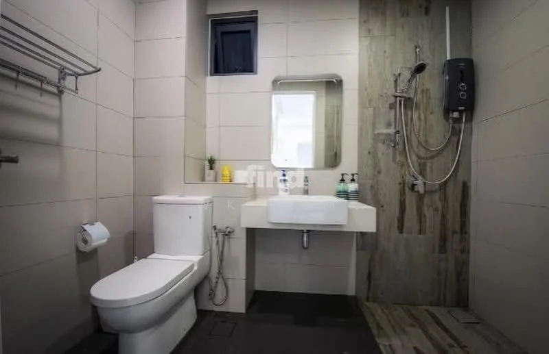 Bathroom features: white one-piece toilet, single-sink vanity with wall-mounted cabinet, mirror above sink, shower area with glass partition, handheld shower, wall-mounted shower head, tile flooring, wood panel accent wall, towel rack, black wall tiles, light fixture, window for natural light; style: modern.