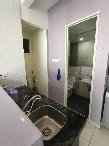 Laundry features: single-bowl stainless-steel sink, black granite countertop, white painted walls, tile flooring, exposed brick wall, wall-mounted faucet, window for natural light; style: modern. Bathroom features: white tiled walls, white ceramic toilet, wall-mounted sink, mirror above sink, shower area with glass partition, tile flooring; style: modern.