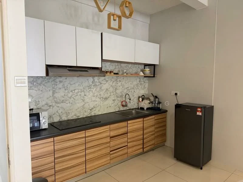 Kitchen features: black granite countertop, wood cabinetry with horizontal grain, white upper cabinets, marble backsplash, built-in oven, stainless-steel sink, chrome pull-down faucet, microwave, toaster, black fridge, kitchen utensils on shelf, decorative light fixture; style: modern.