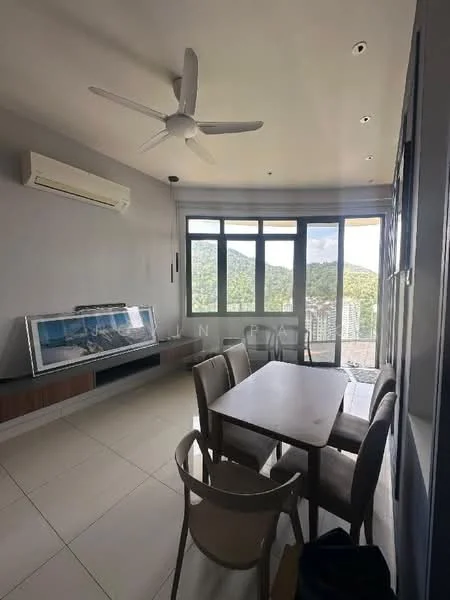 Dining features: 6-seater dining table, upholstered dining chairs, floor-to-ceiling windows, mountain view, wall-mounted split AC, ceiling fan, light-colored wall, tile flooring, built-in cabinetry, decorative artwork; style: modern; view: mountain.