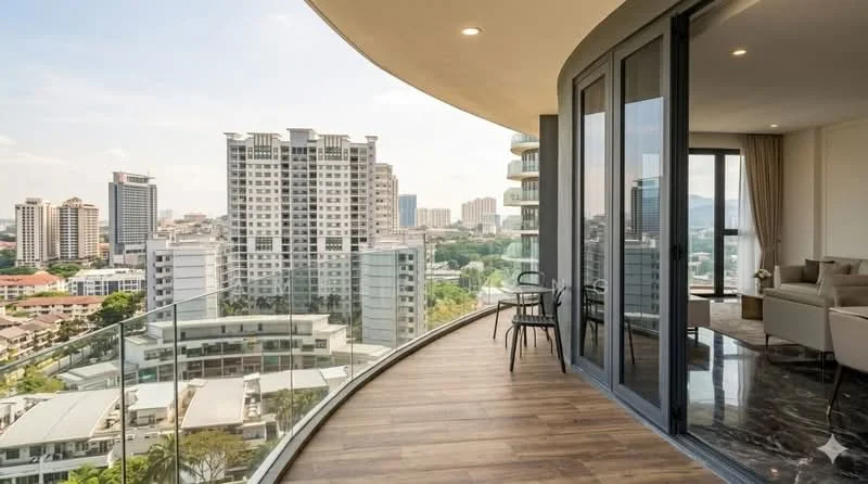 Room features: curved balcony, glass railing, wooden flooring, city skyline view, outdoor seating area, floor-to-ceiling windows, sliding glass door, modern architectural design; style: modern; view: city.