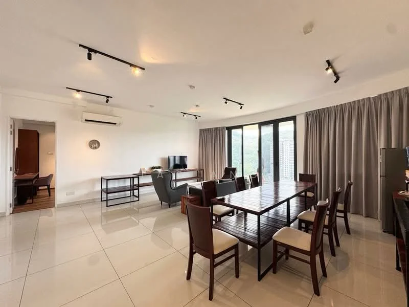 Living features: large floor-to-ceiling windows, grey curtains, recessed LED downlights, track lighting, cream painted walls, polished ceramic tile flooring, dining table with 8 chairs, TV console, wall-mounted TV, study desk, air conditioning unit; style: modern; view: city.