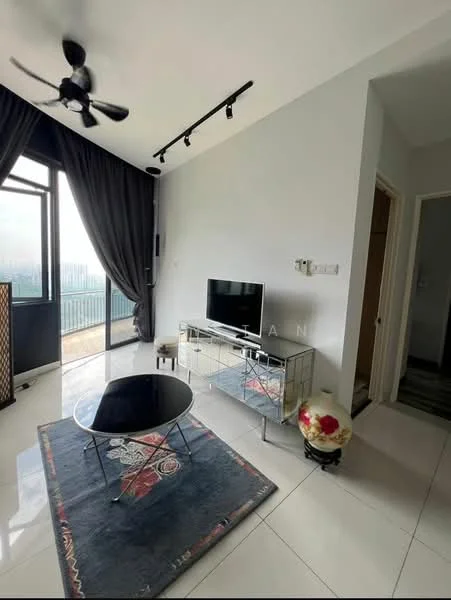 Living features: 5-blade ceiling fan with light, floor-to-ceiling windows, grey curtains, wall-mounted TV, TV console with storage, black coffee table, area rug with floral pattern, white tiled flooring, decorative vase, light grey painted walls; style: modern; view: city.