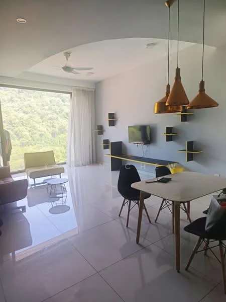 Living features: floor-to-ceiling windows, white painted walls, polished ceramic tile flooring, 5-blade ceiling fan, wall-mounted TV, floating shelves, gold pendant lights, green accent chair, grey sofa, dining table with black chairs; style: modern; view: mountain.