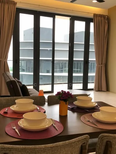 Dining features: dining table with four chairs, table set with four white bowls, purple placemats, flower vase with flowers, large windows with sliding doors, curtains, neutral wall color, tile flooring; style: modern; view: city.