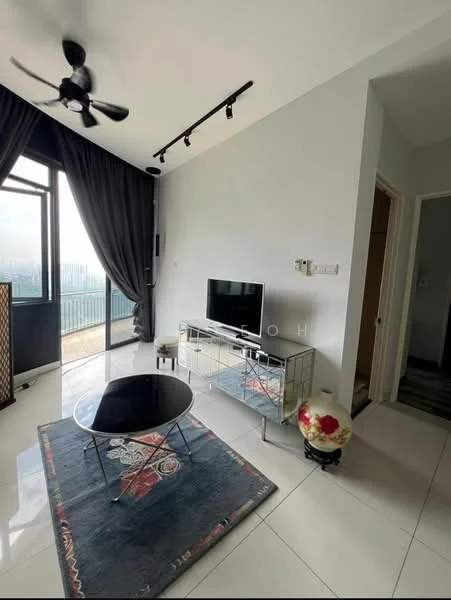 Living features: 5-blade ceiling fan with light, recessed LED downlights, floor-to-ceiling windows, black coffee table, area rug with floral pattern, TV console, wall-mounted TV, grey painted walls, sliding glass door, curtains, decorative vase; style: modern; view: city.