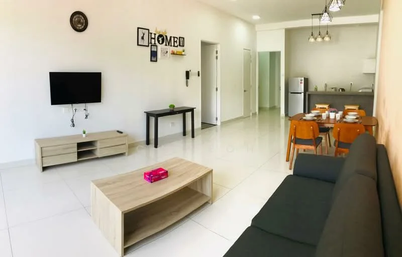 Living features: white painted walls, glossy tile flooring, sofa in dark grey fabric, wooden coffee table, wall-mounted TV, decorative wall art, LED ceiling lights, open layout to dining area; style: modern. Dining features: wooden dining table, 4 wooden dining chairs, set table with plates and cutlery, kitchen area visible in background, refrigerator visible; style: modern.