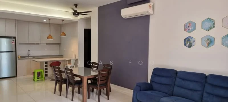 Living features: 3-seater fabric sofa in blue, dining table with 4 wooden chairs, stainless-steel fridge, kitchen with grey cabinetry, white countertop, pendant lighting above dining table, ceiling fan, air conditioning unit, decorative wall with hexagonal art pieces, white tiled flooring, grey accent wall; style: modern.