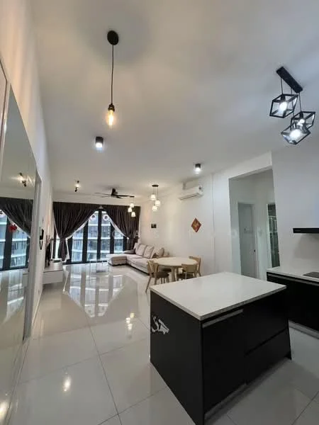 Living features: white painted walls, polished ceramic tile flooring, 5-blade ceiling fan with light, pendant lighting, sofa with cushions, dining table with chairs, floor-to-ceiling windows, dark cabinetry, kitchen island, curtains, air conditioning unit; style: modern; view: city.