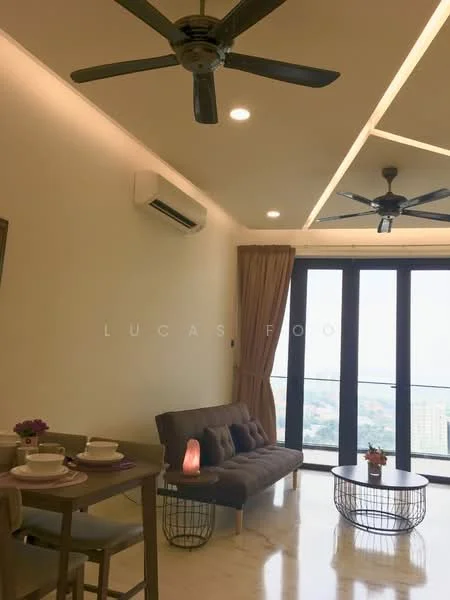 Living features: 2-blade ceiling fan, 2-blade ceiling fan, wall-mounted split AC, floor-to-ceiling windows, curtains, sofa with cushions, coffee table, dining table with chairs, decorative lamp, marble flooring, recessed lighting, neutral painted walls; style: modern; view: city.