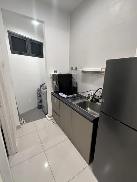 Kitchen features: grey cabinetry, black countertop, double-bowl stainless-steel sink, chrome pull-down faucet, built-in refrigerator, tile flooring, white painted walls, recessed downlights, open shelving, kitchen appliances, window with black frame; style: modern.