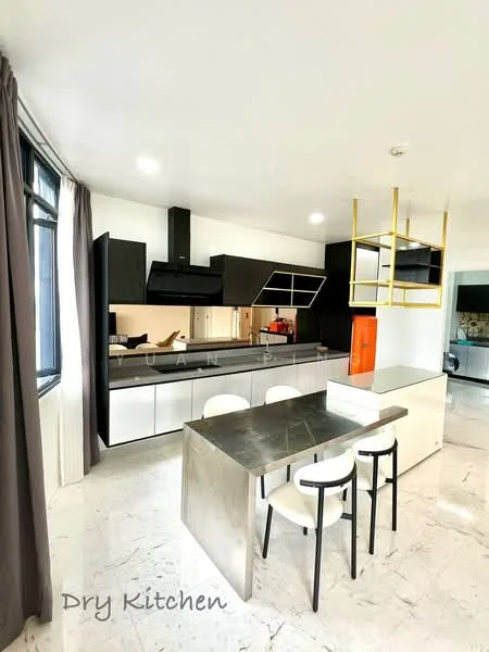 Kitchen features: black cabinetry, white cabinetry, marble countertop, stainless-steel sink, chrome pull-down faucet, built-in oven, freestanding range oven, extractor hood, island with seating, pendant lighting, floor-to-ceiling windows, grey curtains, open layout; style: modern.