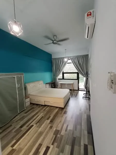 Bedroom features: queen-size bed with storage, light wood flooring, blue accent wall, white painted walls, 5-blade ceiling fan, floor-to-ceiling window, sheer curtains, air conditioning unit, built-in wardrobe, decorative pendant light; style: modern; view: garden.