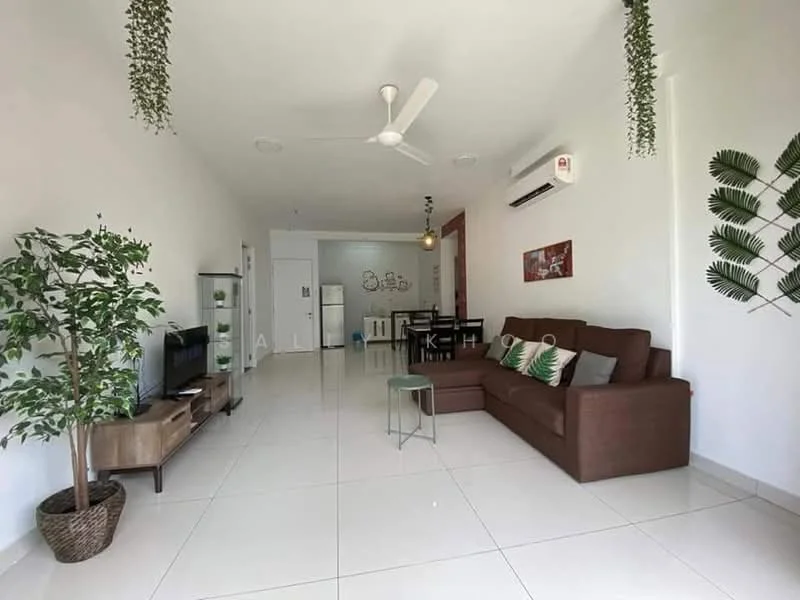 Living features: 3-seater fabric sofa in brown, coffee table, TV console, wall-mounted TV, area rug, ceiling fan, wall-mounted air conditioning unit, decorative wall art, indoor plants, white painted walls, glossy tile flooring; style: modern.
