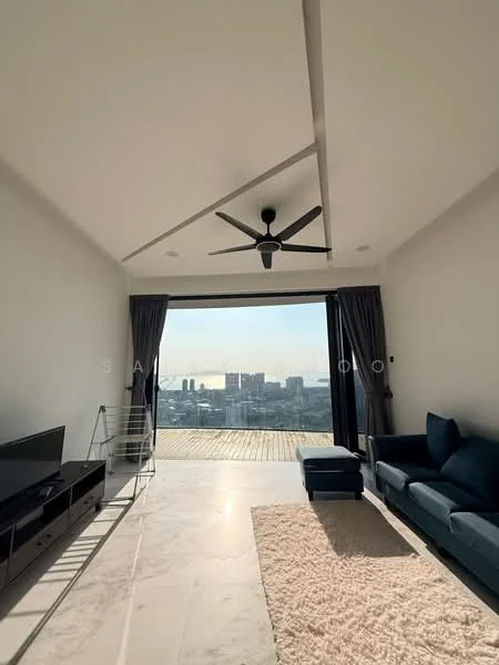 Living features: 5-blade ceiling fan in black, floor-to-ceiling windows, sliding glass door, grey fabric sofa, TV console in dark wood, wall-mounted TV, marble flooring, area rug with neutral color, curtains in dark fabric, decorative shelving unit; style: modern; view: city.