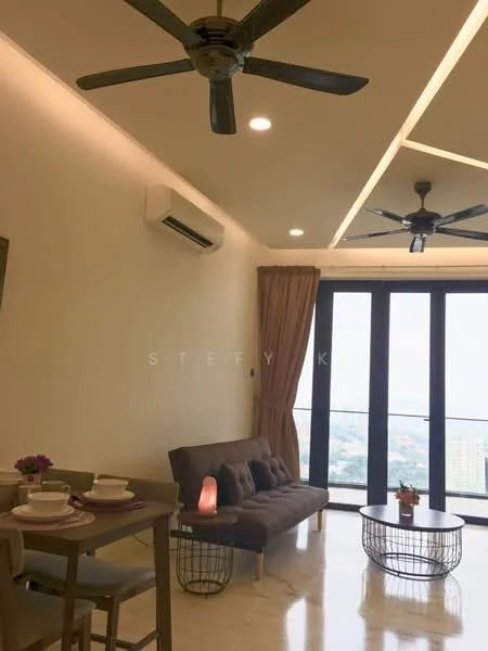Living features: marble flooring, white painted walls, tray ceiling with recessed lighting, 2 ceiling fans, floor-to-ceiling windows, curtains, sofa, coffee table, dining table for 2, decorative lamp, city view; style: modern; view: city.