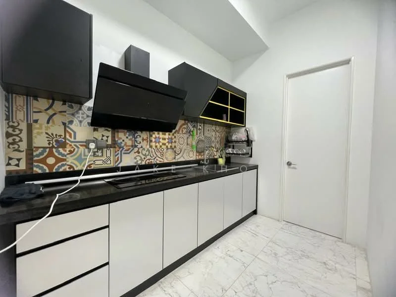 Kitchen features: black cabinetry with open shelving, white lower cabinets, black countertop, decorative patterned backsplash, built-in stove with black range hood, single-bowl stainless-steel sink, chrome pull-down faucet, marble tile flooring, white walls, door leading to another room; style: modern.
