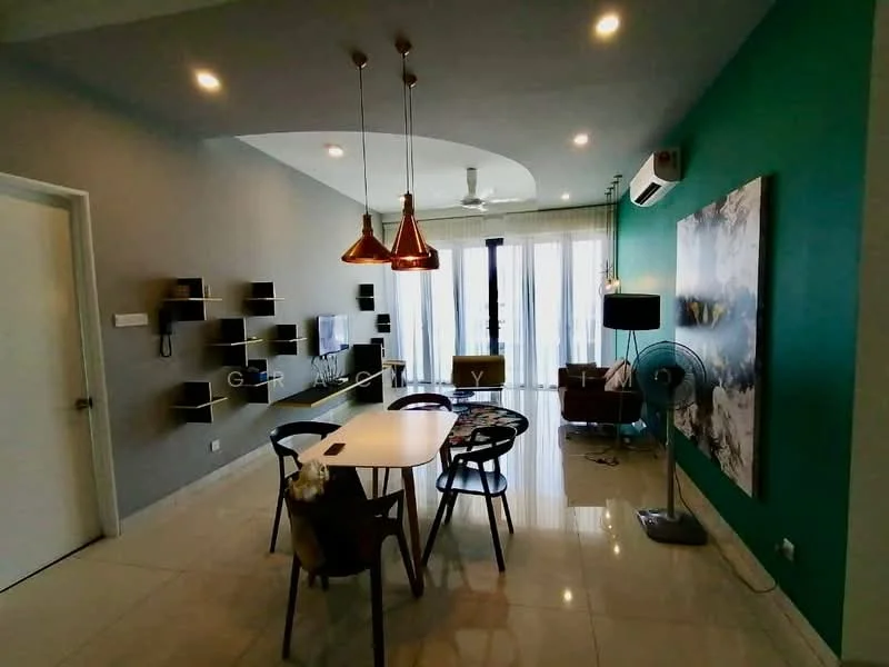 Living features: grey painted walls, teal accent wall, white ceiling with recessed downlights, marble tile flooring, 5-blade ceiling fan, wall-mounted TV, open shelving unit, dining table with four chairs, two pendant lights in copper finish, armchair in brown leather, decorative wall art, floor fan; style: modern; view: city.