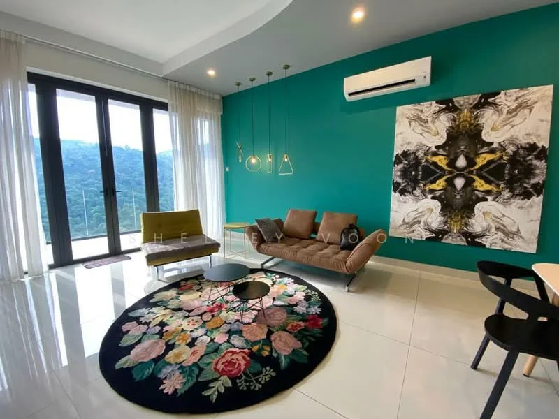 Living features: green accent wall, white painted walls, polished tile flooring, 5-blade ceiling fan with light, floor-to-ceiling windows, sheer curtains, 3-seater leather sofa in brown, armchair in green fabric, round coffee table, area rug with floral pattern, decorative wall art; style: modern; view: mountain.