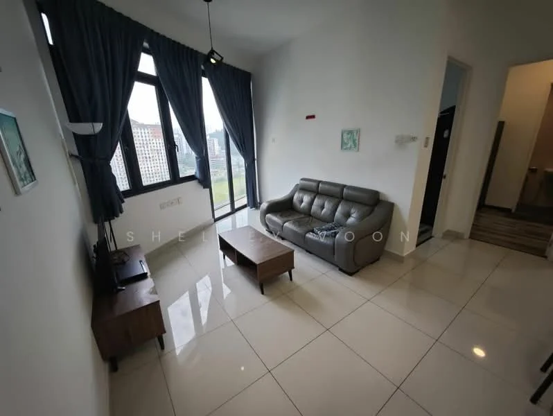 Living features: grey leather sofa, wood coffee table, floor-to-ceiling windows, curtains in dark blue, white painted walls, glossy white tile flooring, wall-mounted TV, light fixture with pendant light; style: modern; view: city.