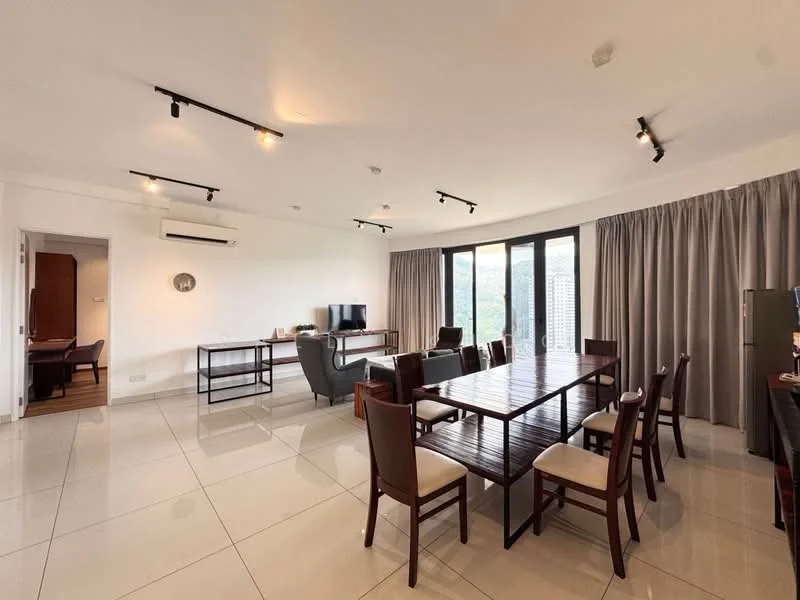 Living features: large floor-to-ceiling windows, white painted walls, recessed downlights, dining table with 8 chairs, wooden dining table, TV console, wall-mounted TV, grey armchair, air conditioning unit, ceramic tile flooring, curtains, open layout, view of city skyline; style: modern; view: city.