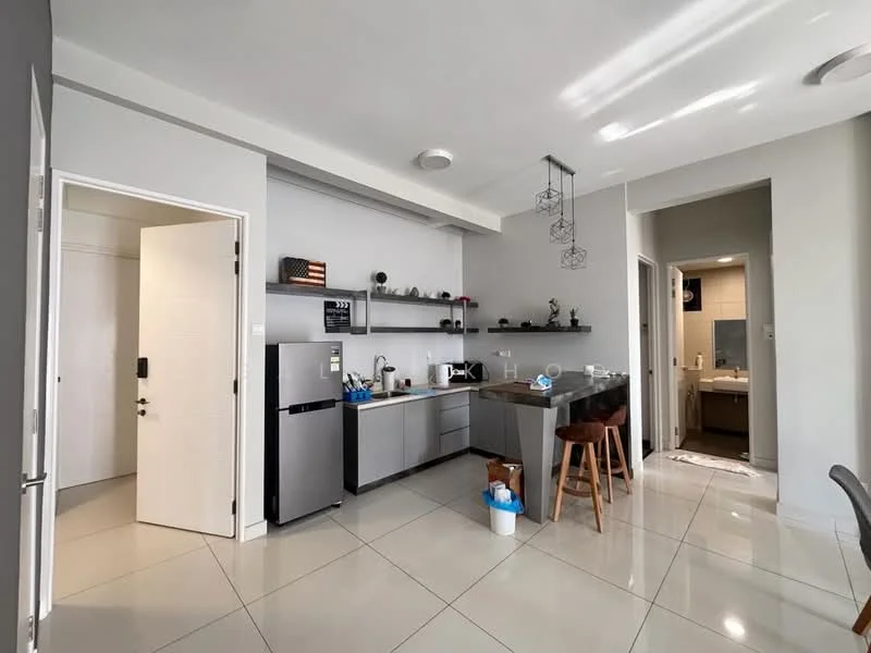 Kitchen features: grey cabinetry, stainless-steel fridge, built-in oven, freestanding range oven, single-bowl stainless-steel sink, chrome pull-down faucet, black countertop, open shelving, bar stools, tile flooring, recessed downlights, wall-mounted cabinets; style: modern. Room features: white painted walls, doorway leading to bathroom, doorway leading to hallway.