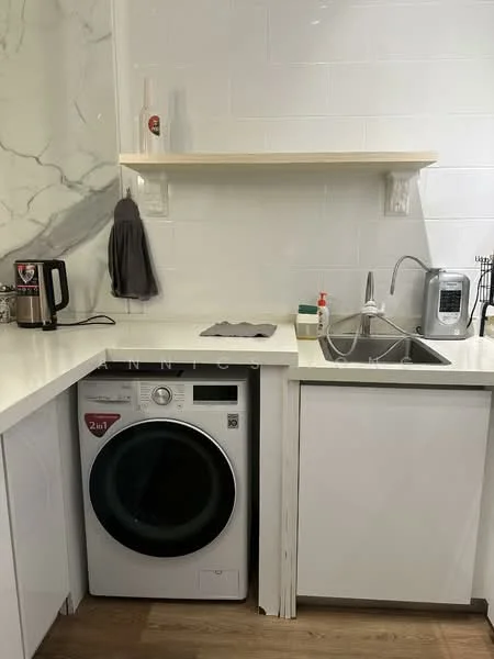 Kitchen features: white cabinetry, white countertop, marble backsplash, built-in washing machine, stainless-steel sink, chrome pull-down faucet, kettle, dish soap dispenser, open shelving, wooden flooring; style: modern.