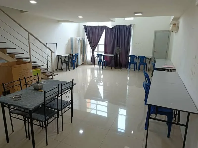 Living features: white painted walls, glossy tile flooring, recessed downlights, large window with natural light, folding table, black dining table with chairs, blue plastic chairs, ceiling fan, open layout, staircase with metal railing, air conditioning unit; style: modern.