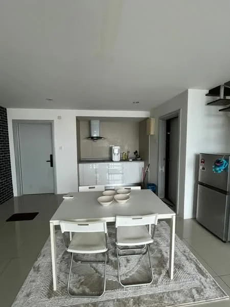 Kitchen features: white cabinets, grey countertop, stainless-steel sink, chrome pull-down faucet, built-in oven, stainless-steel fridge, ceramic tile flooring, recessed downlights, open shelving, wall-mounted extractor hood, kitchen island, dining table with 2 chairs, area rug; style: modern.
