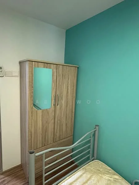 Bedroom features: turquoise accent wall, white painted walls, wooden wardrobe with mirror, metal bed frame, laminate flooring; style: modern.