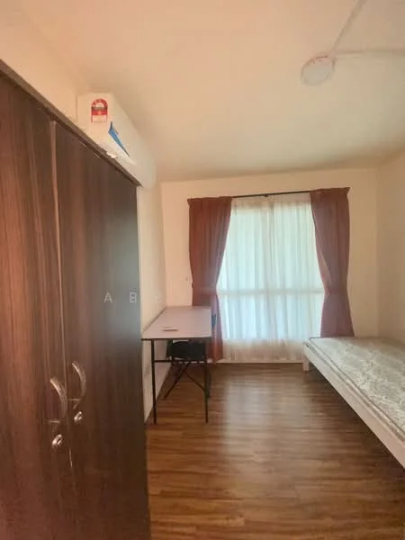 Bedroom features: wooden flooring, white painted walls, floor-to-ceiling window, sheer curtains, single bed, built-in wardrobe, study desk, wall-mounted air conditioning unit.