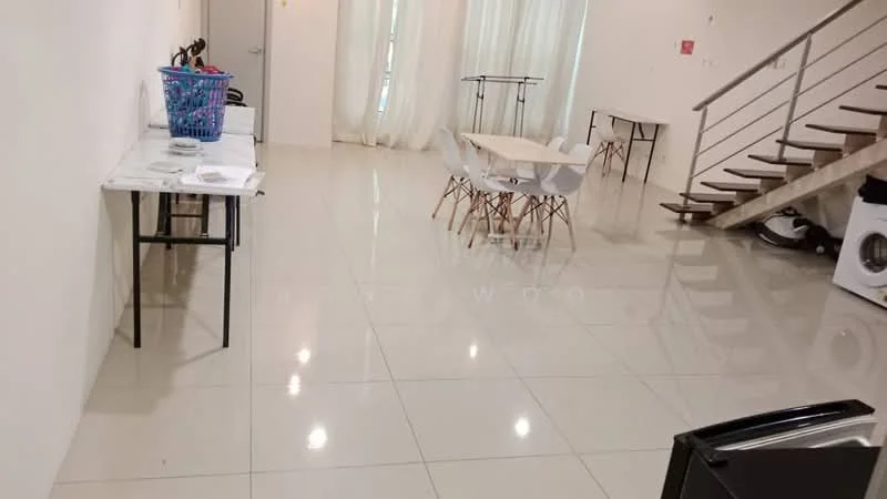 Living features: white painted walls, glossy tile flooring, large windows with sheer curtains, dining table with white chairs, two small side tables, stainless-steel railing on staircase, open staircase, washing machine, laundry basket, recessed lighting; style: modern.